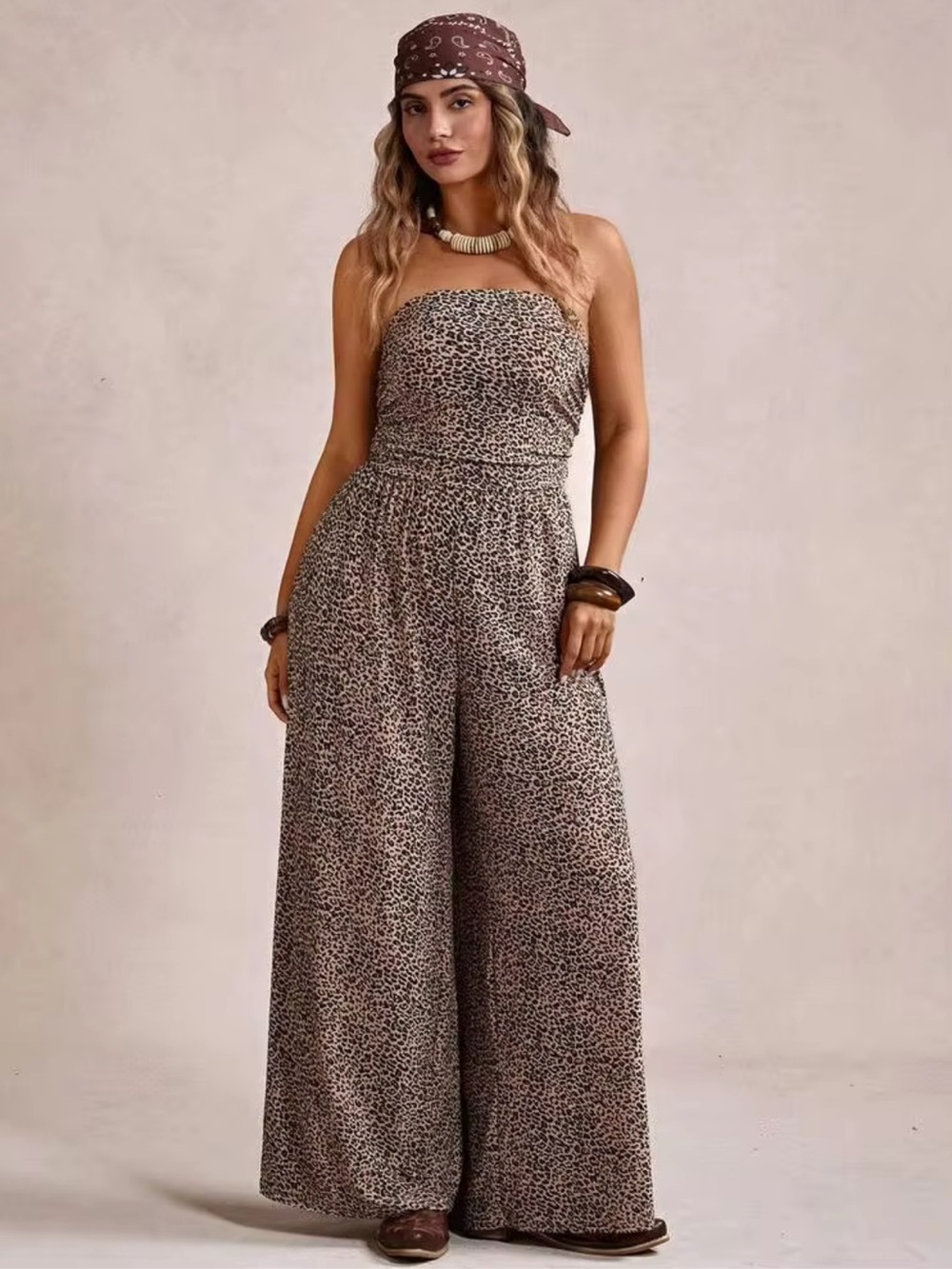 Shein - Strapless Wide-Leg Leopard Print Jumpsuit